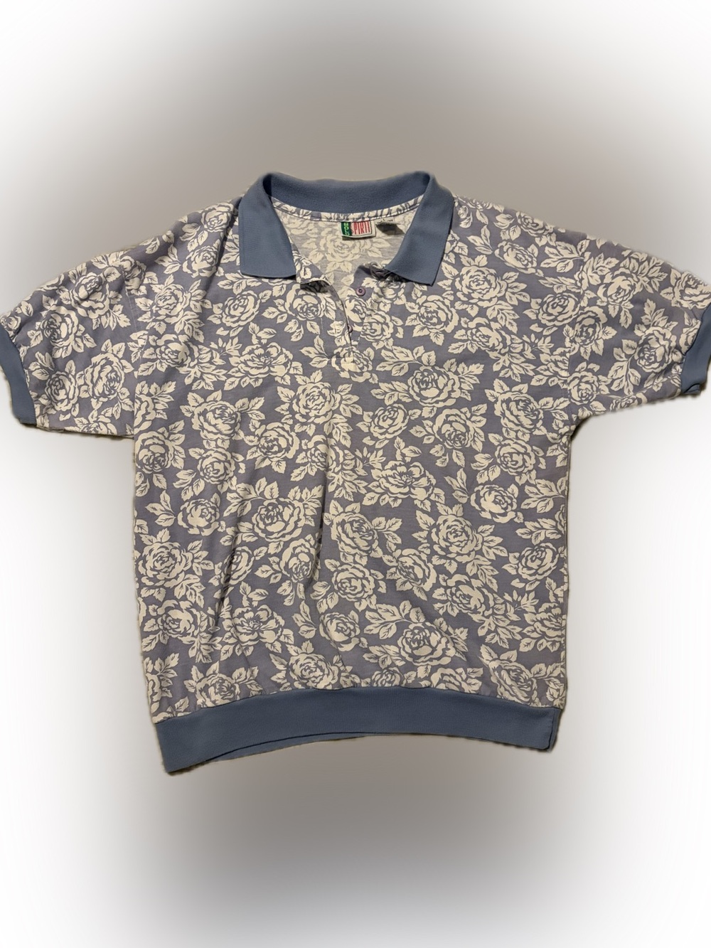 VINTAGE Floral Print Polo Top in Light Blue